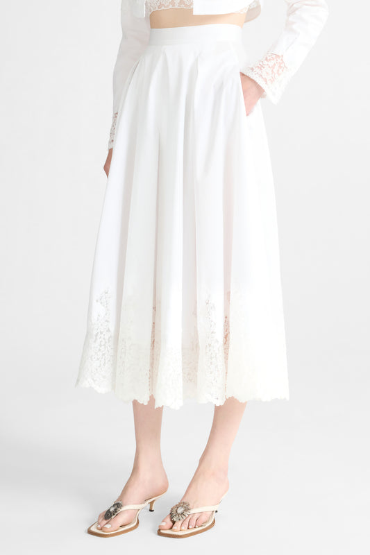 Midi Cotton Poplin Skirt with Hand-Applied Rebrodé Lace