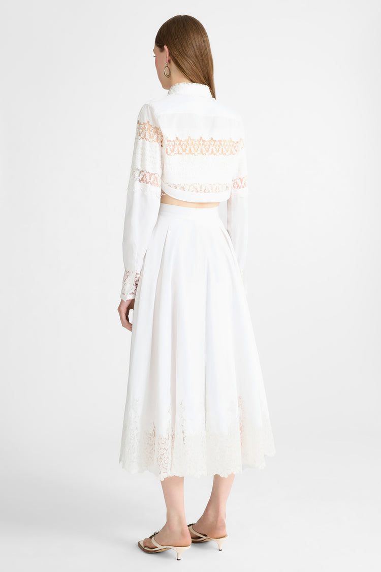 Midi Cotton Poplin Skirt with Hand-Applied Rebrodé Lace
