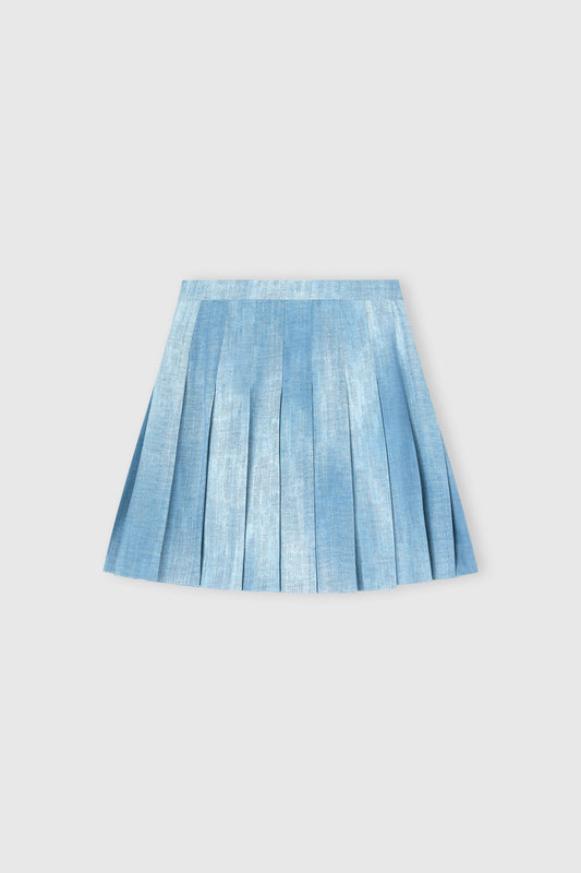 Pleated Mini Skirt in Marocain Jeans Print