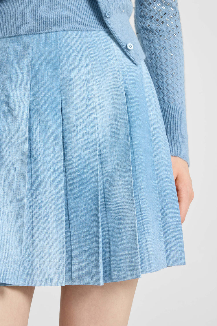 Pleated Mini Skirt in Marocain Jeans Print