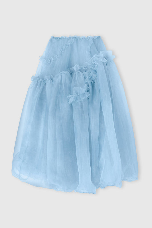 Asymmetric balloon skirt in technical denim-blue organza with ruffles