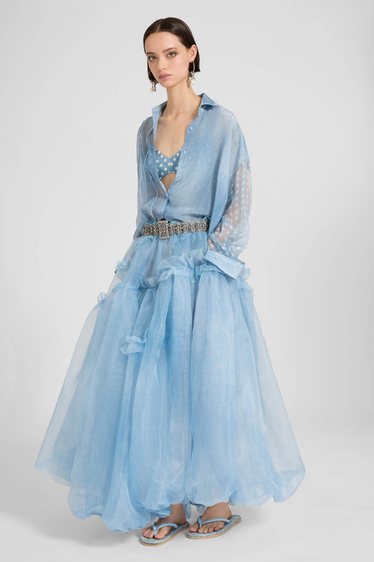 Asymmetric balloon skirt in technical denim-blue organza with ruffles