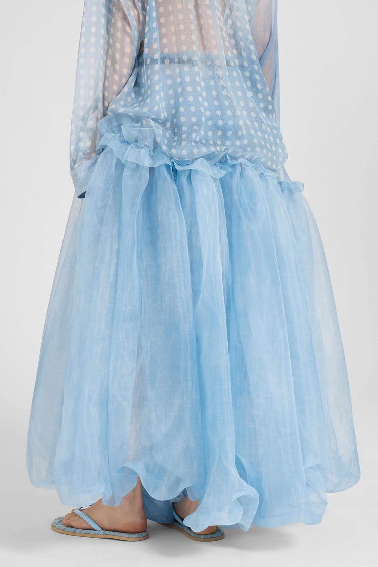 Asymmetric balloon skirt in technical denim-blue organza with ruffles