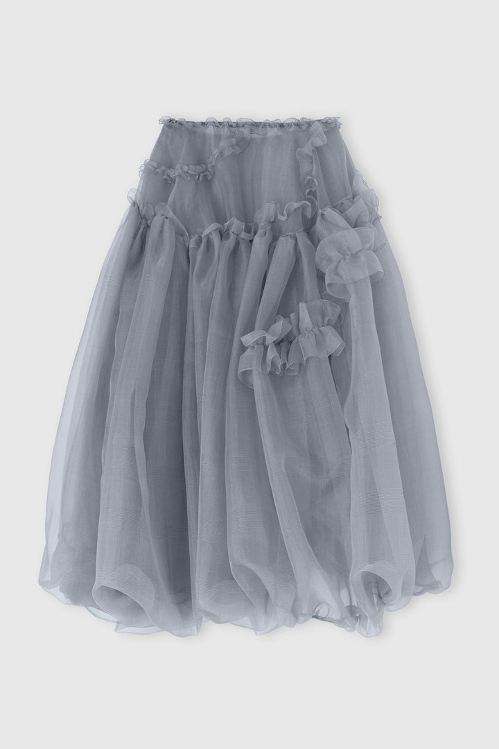 Asymmetric balloon skirt in grey technical organza with Prince of Wales print