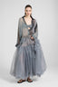 Asymmetric balloon skirt in grey technical organza with Prince of Wales print