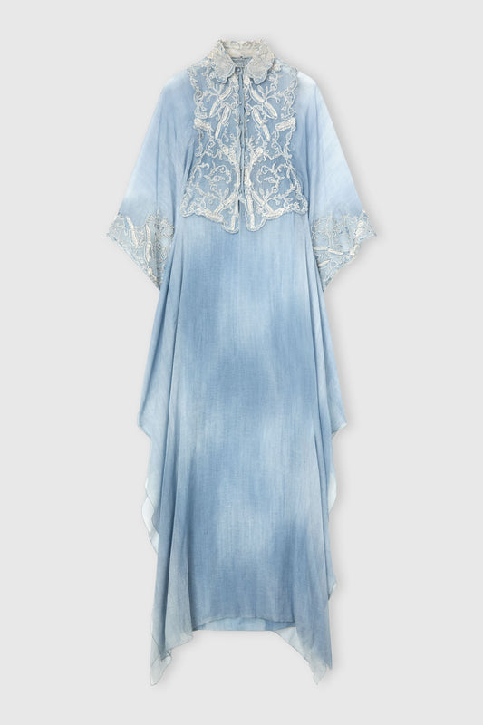 Long Kaftan Dress in Silk Jeans Print with Lace Details