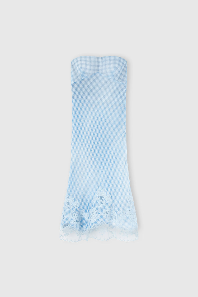 Bustier Dress in Stretch Silk with Vichy Print and Lace