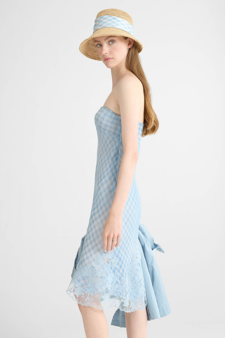 Bustier Dress in Stretch Silk with Vichy Print and Lace