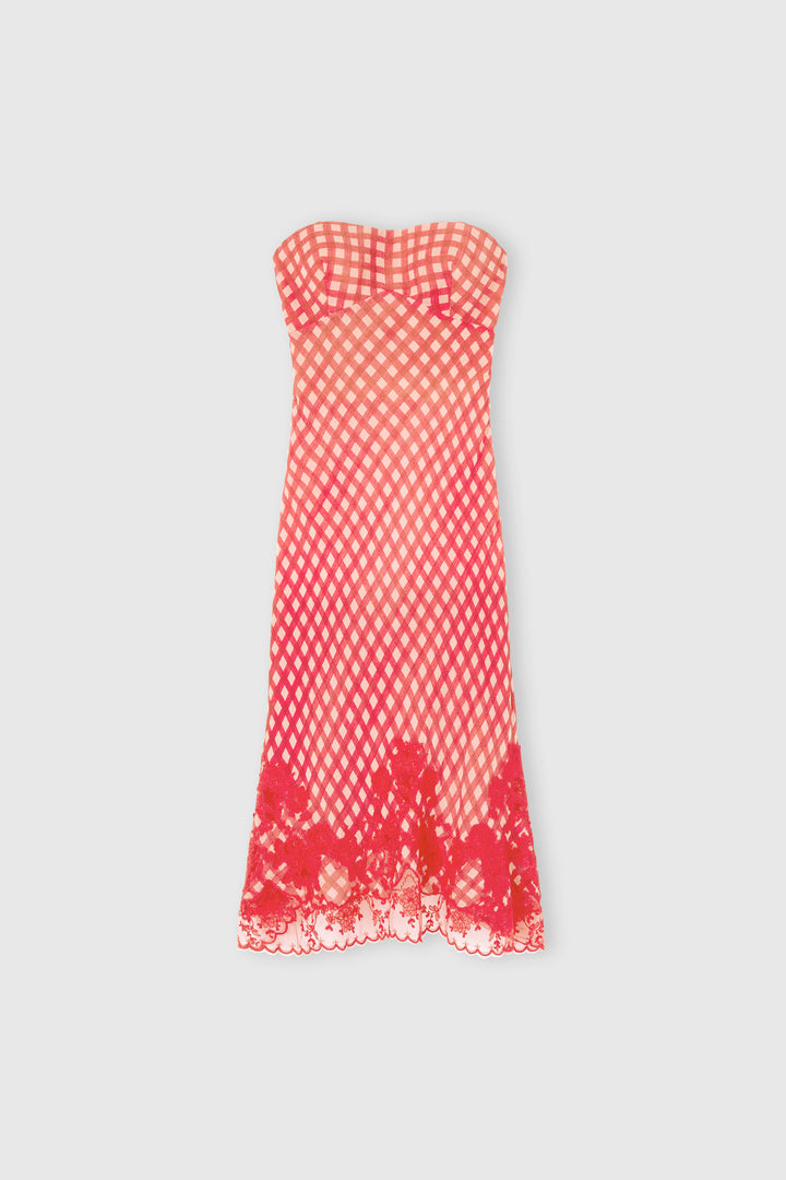 Bustier Dress in Stretch Silk with White and Red Vichy Print and Lace