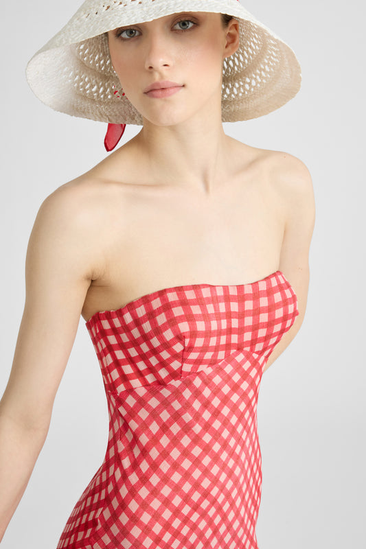 Bustier Dress in Stretch Silk with White and Red Vichy Print and Lace
