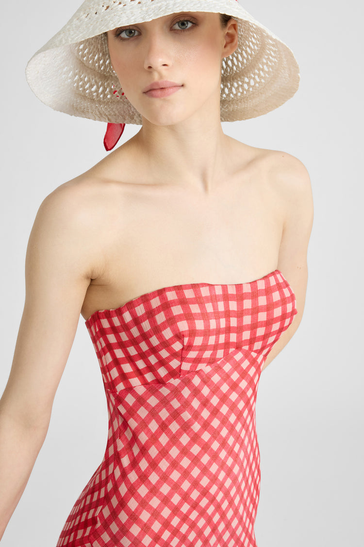 Robe bustier en soie stretch avec imprimé vichy blanc et rouge et dentelle