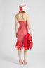 Bustier Dress in Stretch Silk with White and Red Vichy Print and Lace