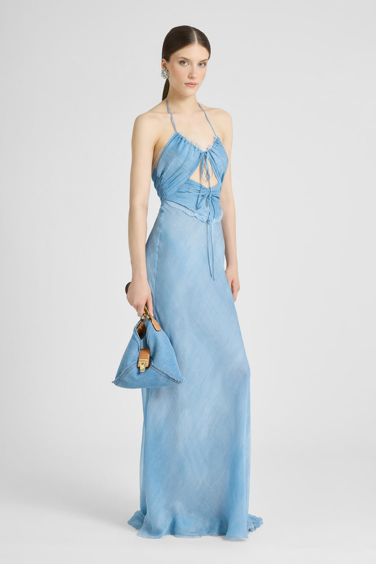 Long Lingerie-Style Dress in Silk Jeans Print with Lace Details