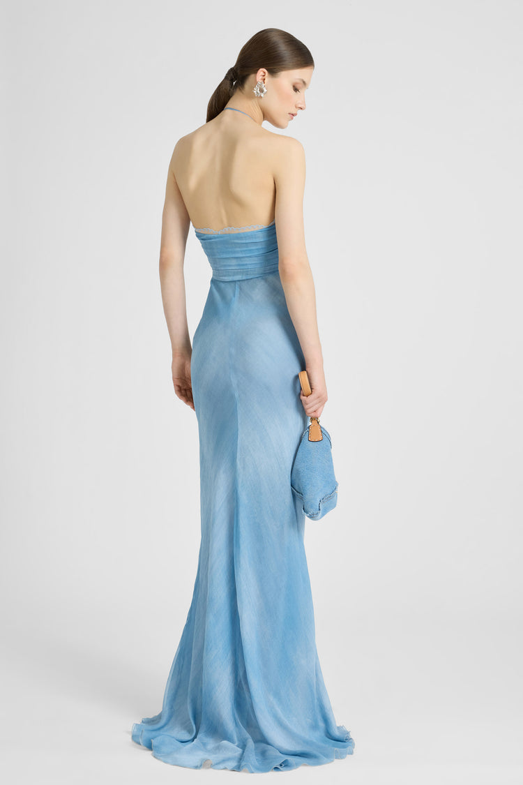 Long Lingerie-Style Dress in Silk Jeans Print with Lace Details