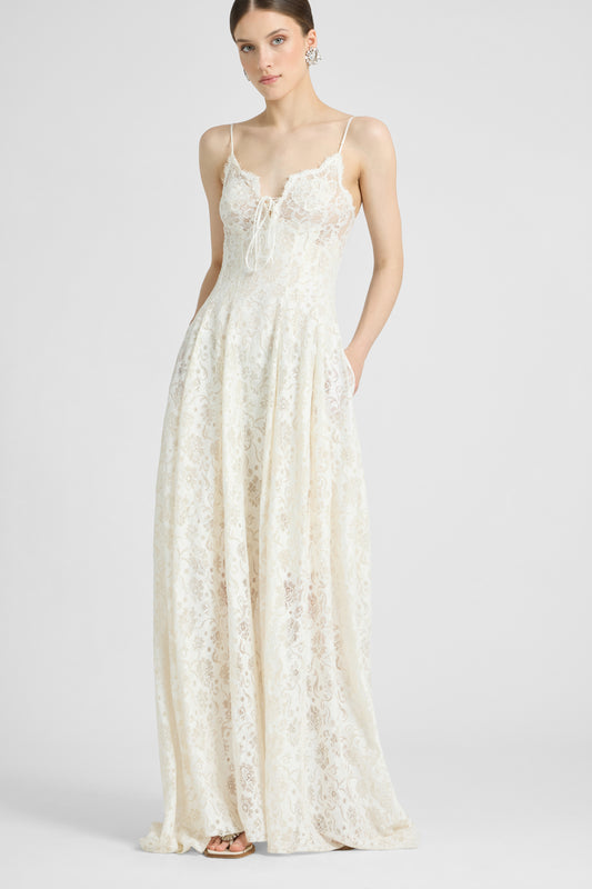 Long Lingerie-Style Dress in Linen and Cotton Lace