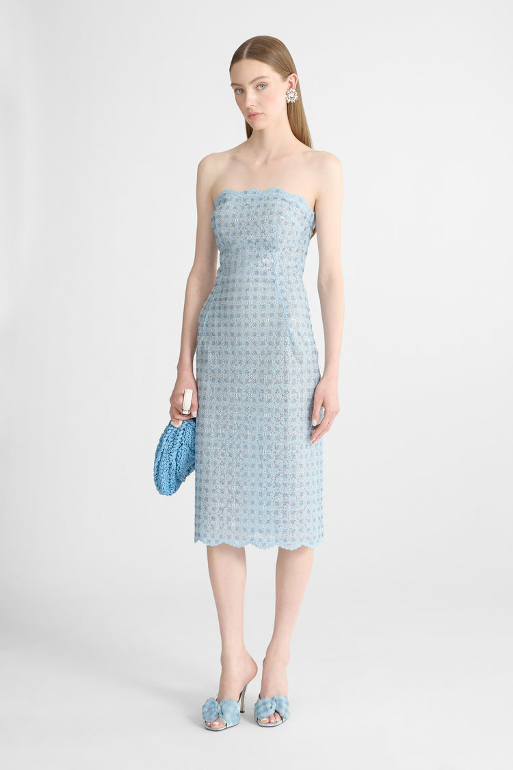 Robe bustier sans bretelles en strass, cristaux et dentelle rebrodée