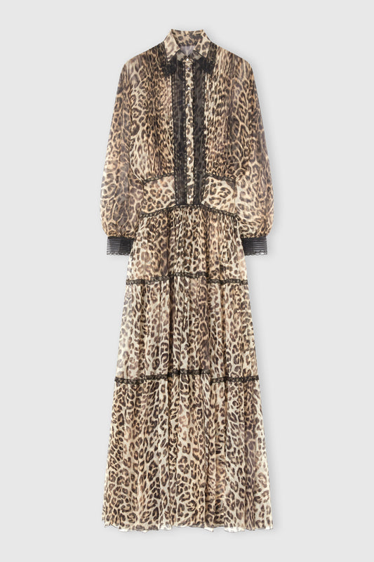 Long shirt dress in pure silk with natural leopard print