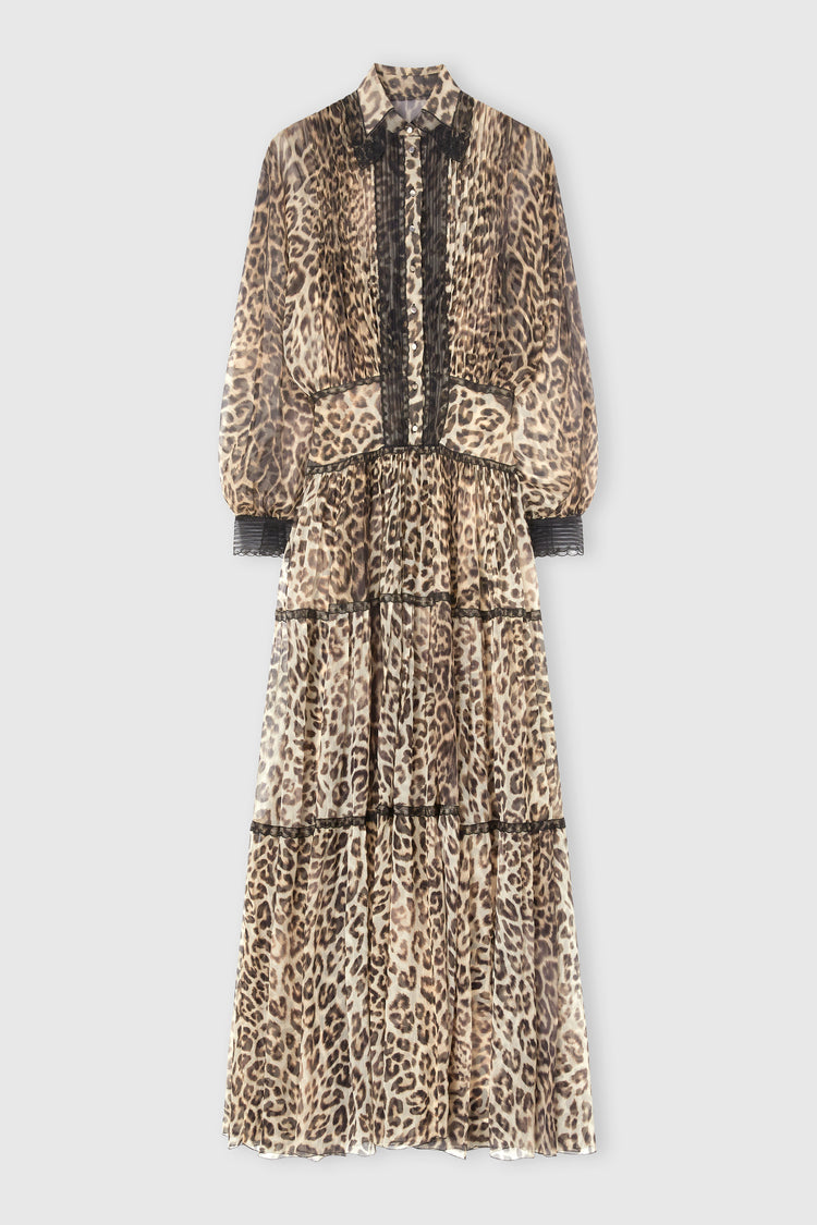 Long shirt dress in pure silk with natural leopard print