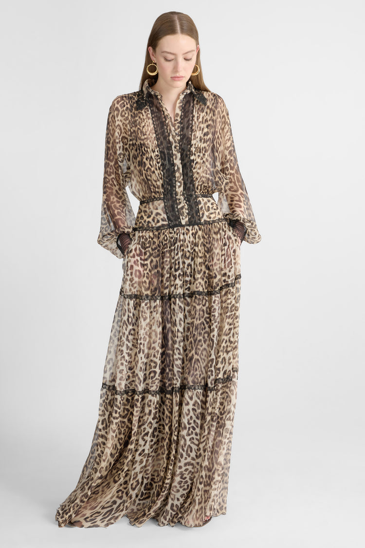 Long shirt dress in pure silk with natural leopard print