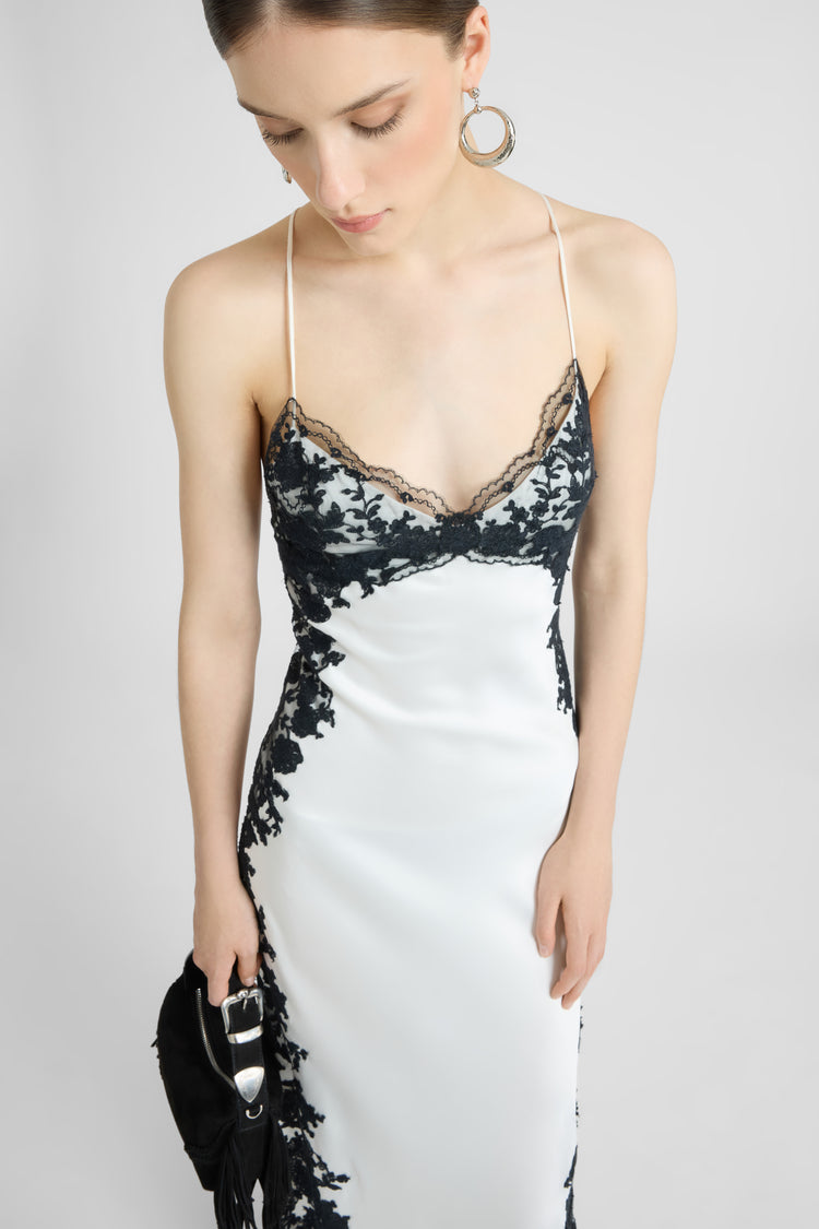 Long lingerie-style dress in pure silk satin with rebrodé lace