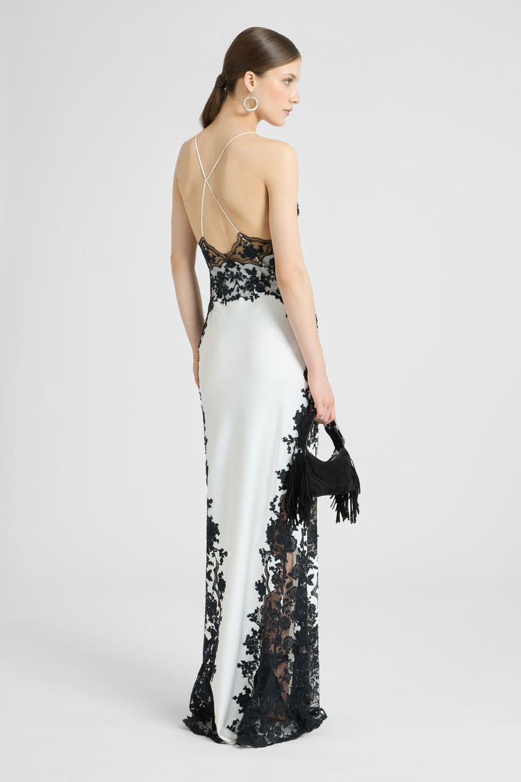 Long lingerie-style dress in pure silk satin with rebrodé lace