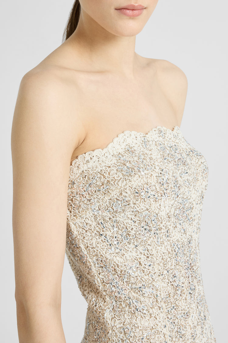 Abito midi bustier in pizzo con cristalli