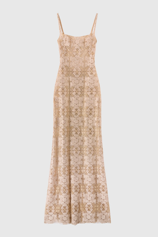 Fitted long dress in maiolica lace with crystals