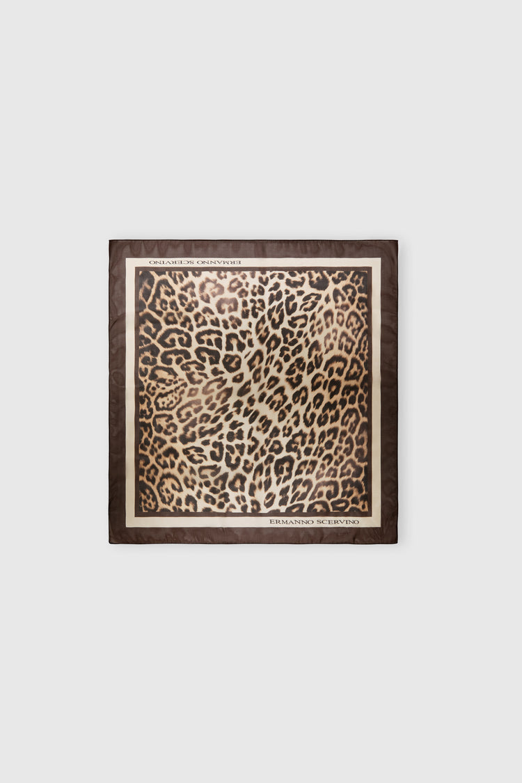 Square silk stole with natural-effect leopard print