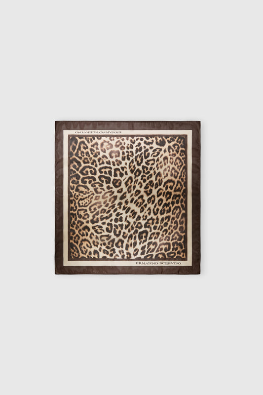 Square silk stole with natural-effect leopard print