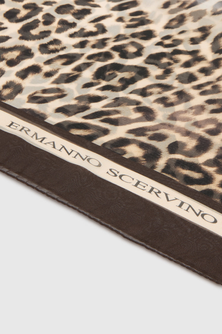 Square silk stole with natural-effect leopard print