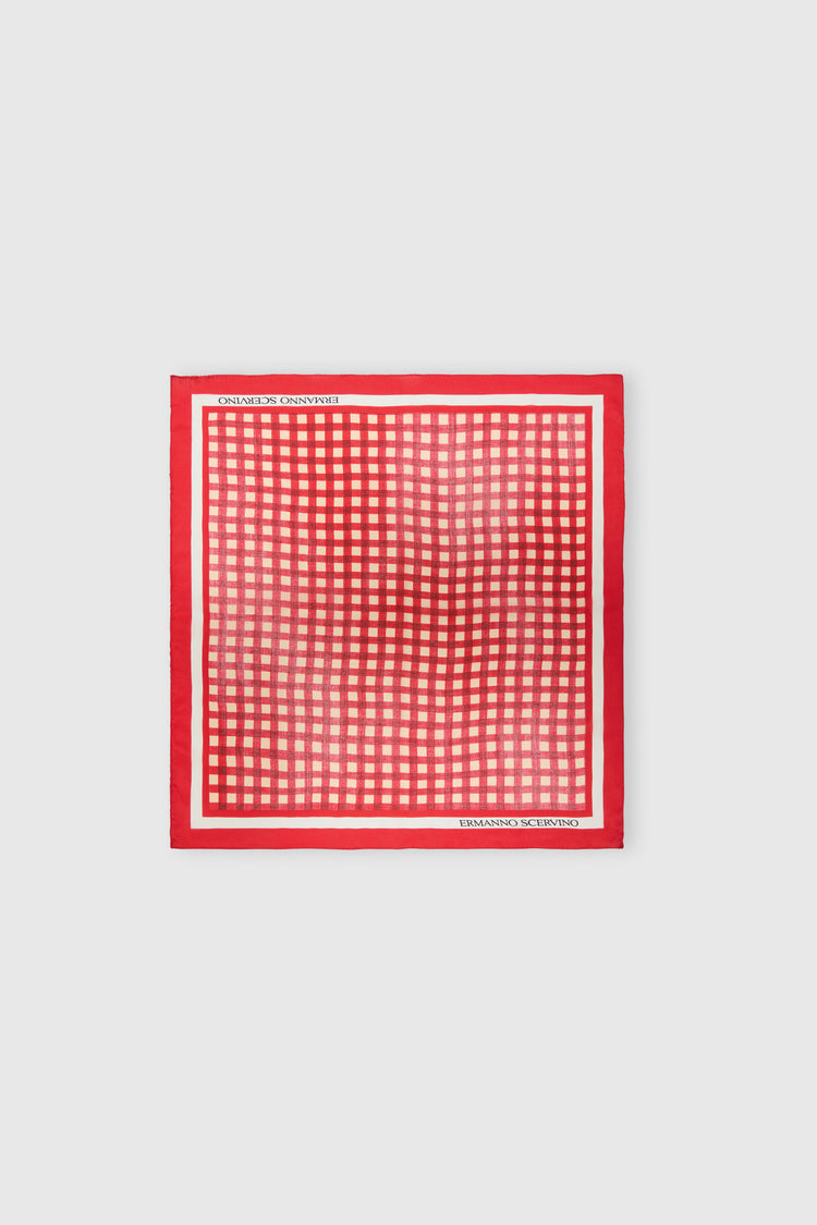 Stola quadrata in pura seta stampa vichy bianco e rosso