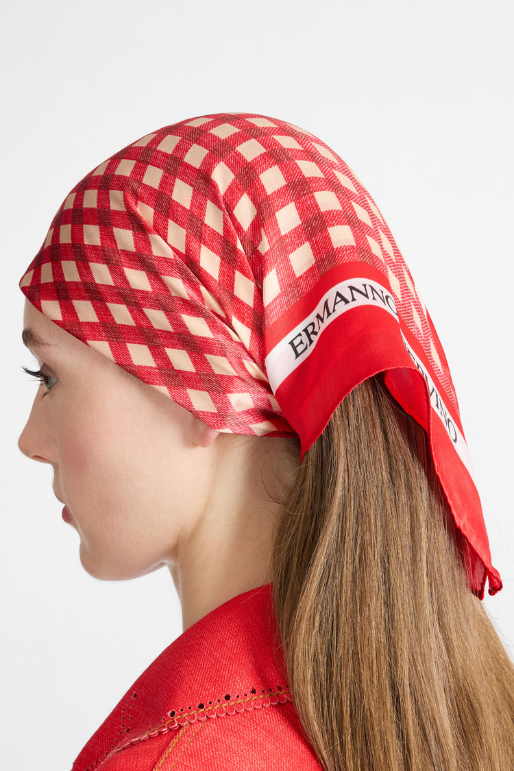 Square silk stole with white and red vichy print