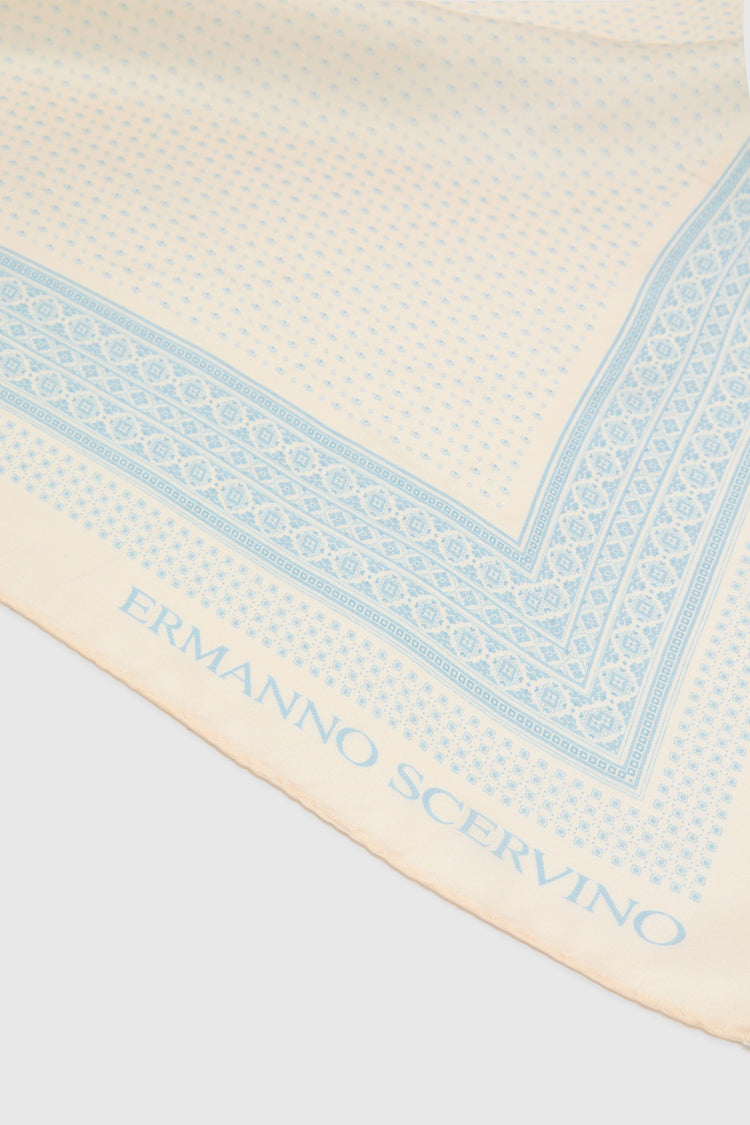 Square silk scarf with blue and cream bandana print