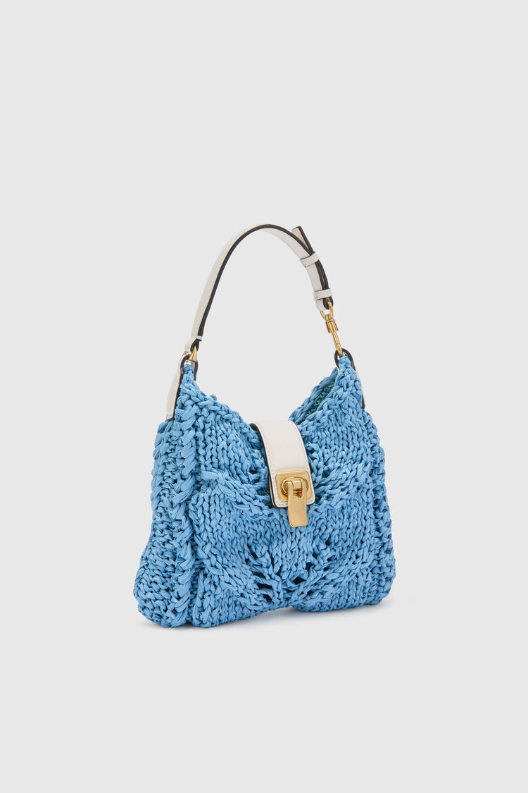 Mini hobo bag in powder blue raffia