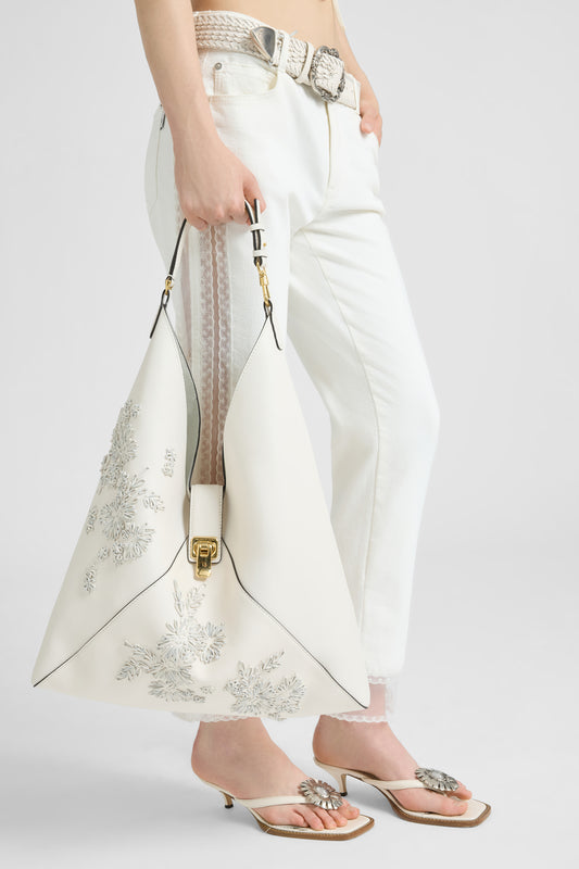 Large hobo bag in calf leather with floral embroidery