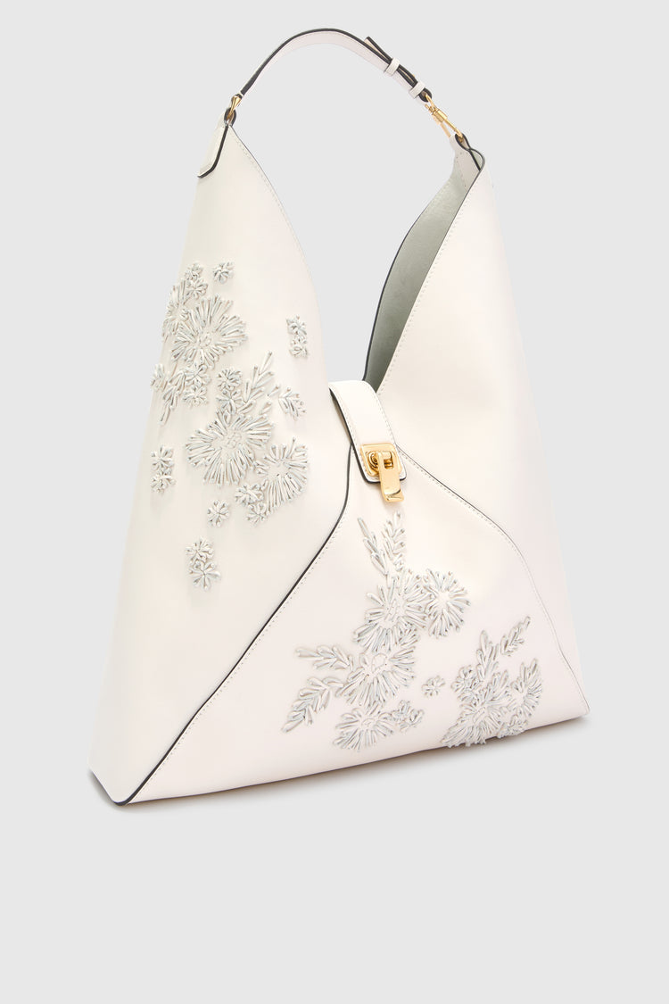 Large hobo bag in calf leather with floral embroidery