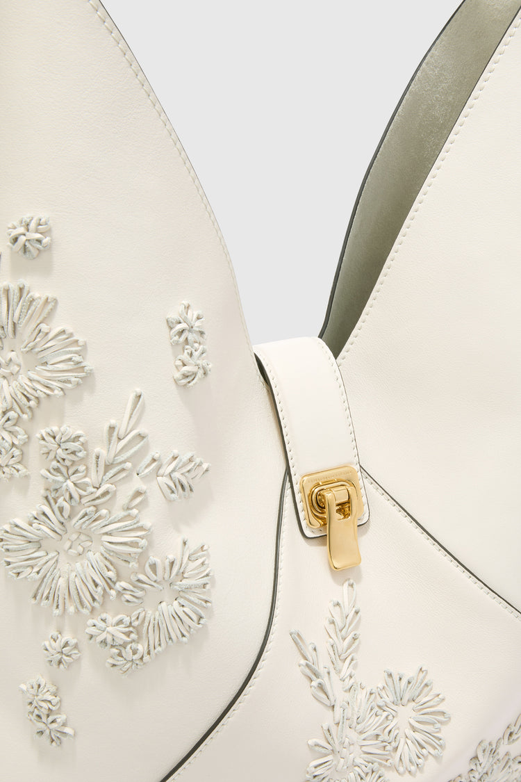 Large hobo bag in calf leather with floral embroidery