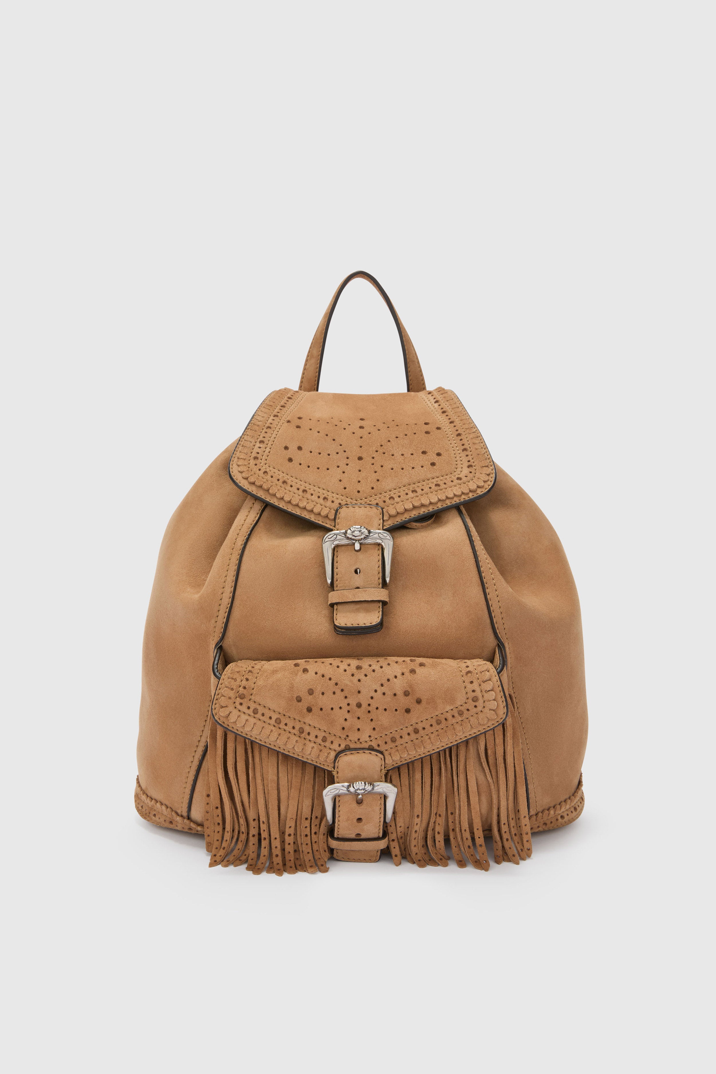 Suede Backpack with Fringes and Perforations