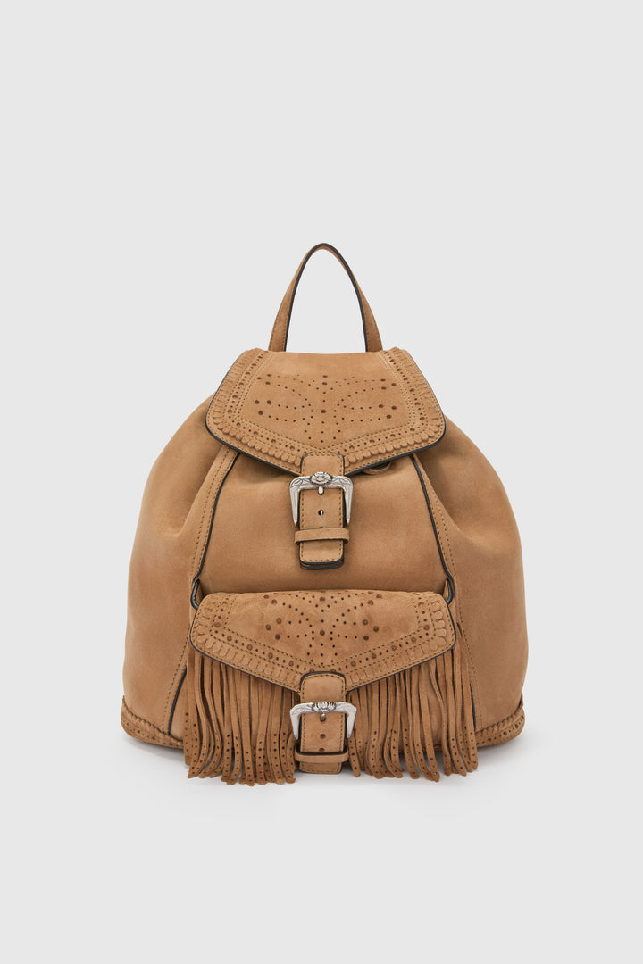 Suede backpack with fringes and perforations