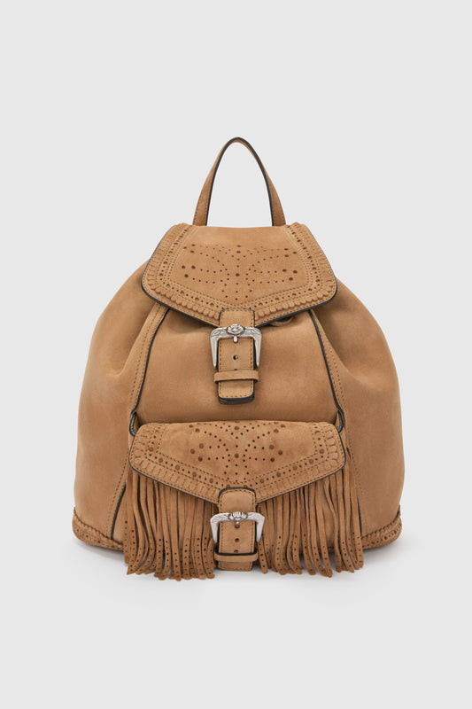Suede backpack with fringes and perforations