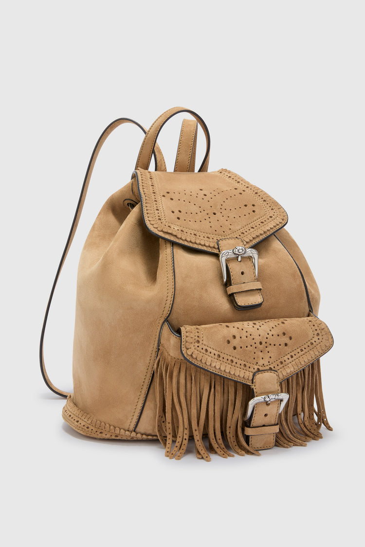 Suede backpack with fringes and perforations