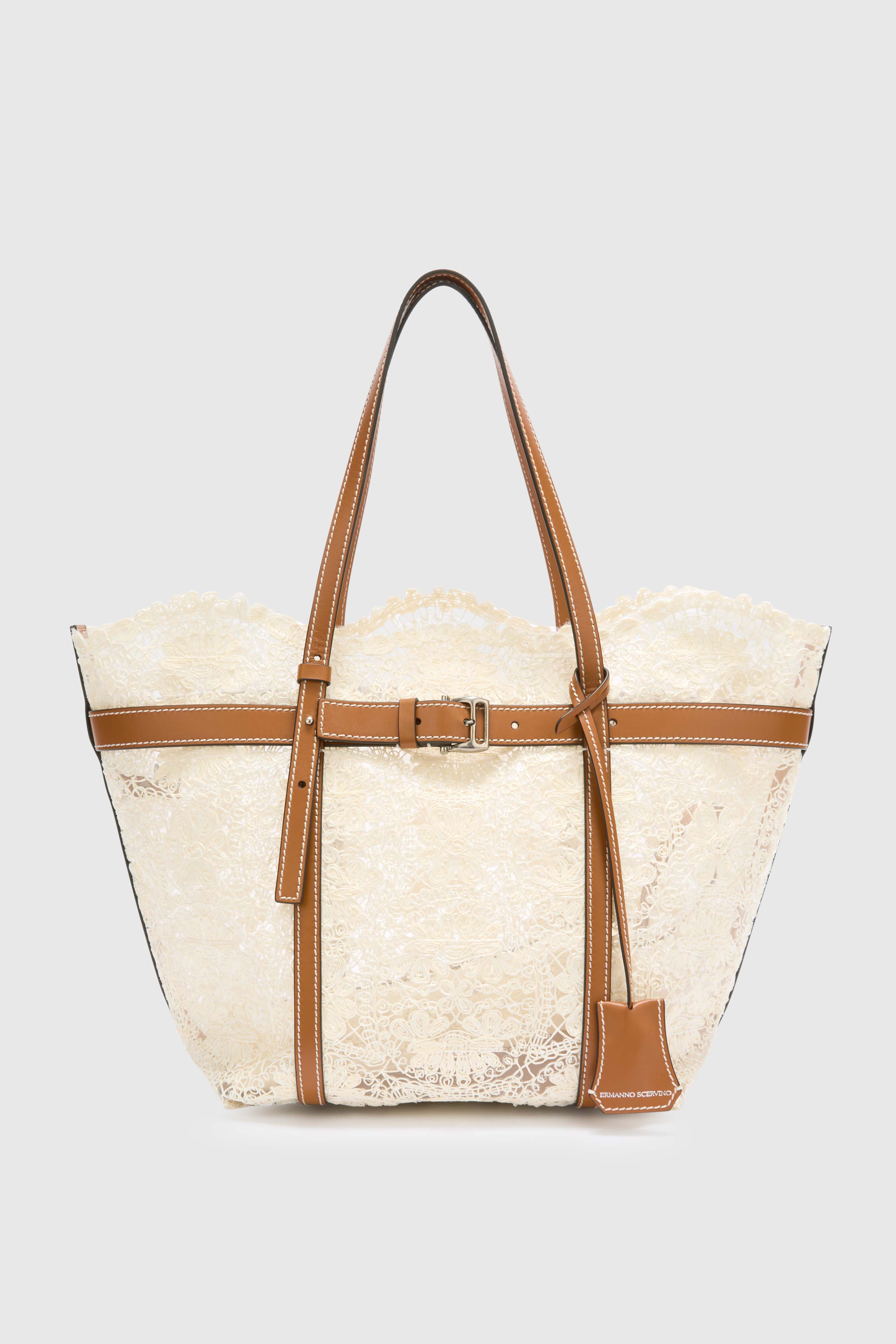 Medium white shopping bag in raffia lace maiolica