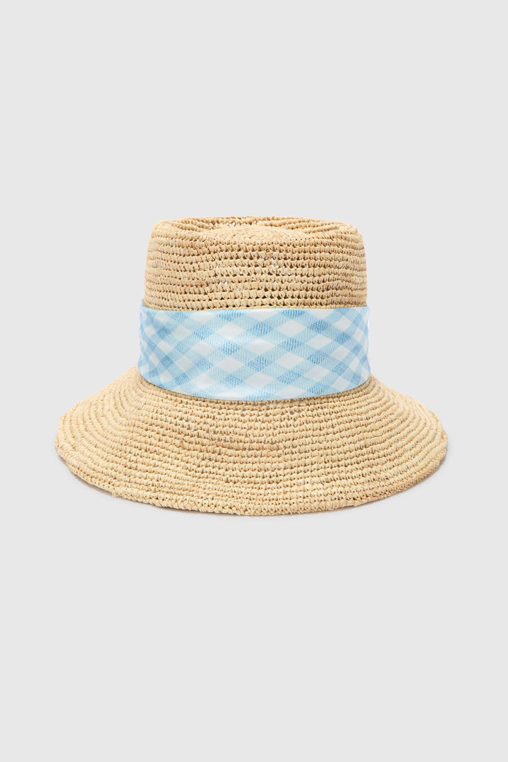 Wide-Brim Hat with Silk Scarf in White and Blue Vichy Print