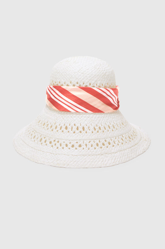Wide-Brim Hat with Silk Scarf in White and Red Vichy Print