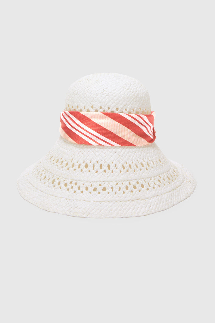 Wide-Brim Hat with Silk Scarf in White and Red Vichy Print