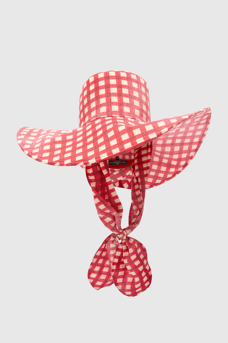 Wide-Brim Hat with Crepe de Chine Silk Scarf Bow in White and Red Vichy Print