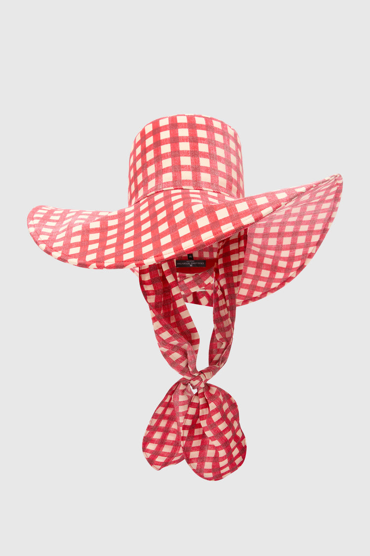 Wide-Brim Hat with Crepe de Chine Silk Scarf Bow in White and Red Vichy Print