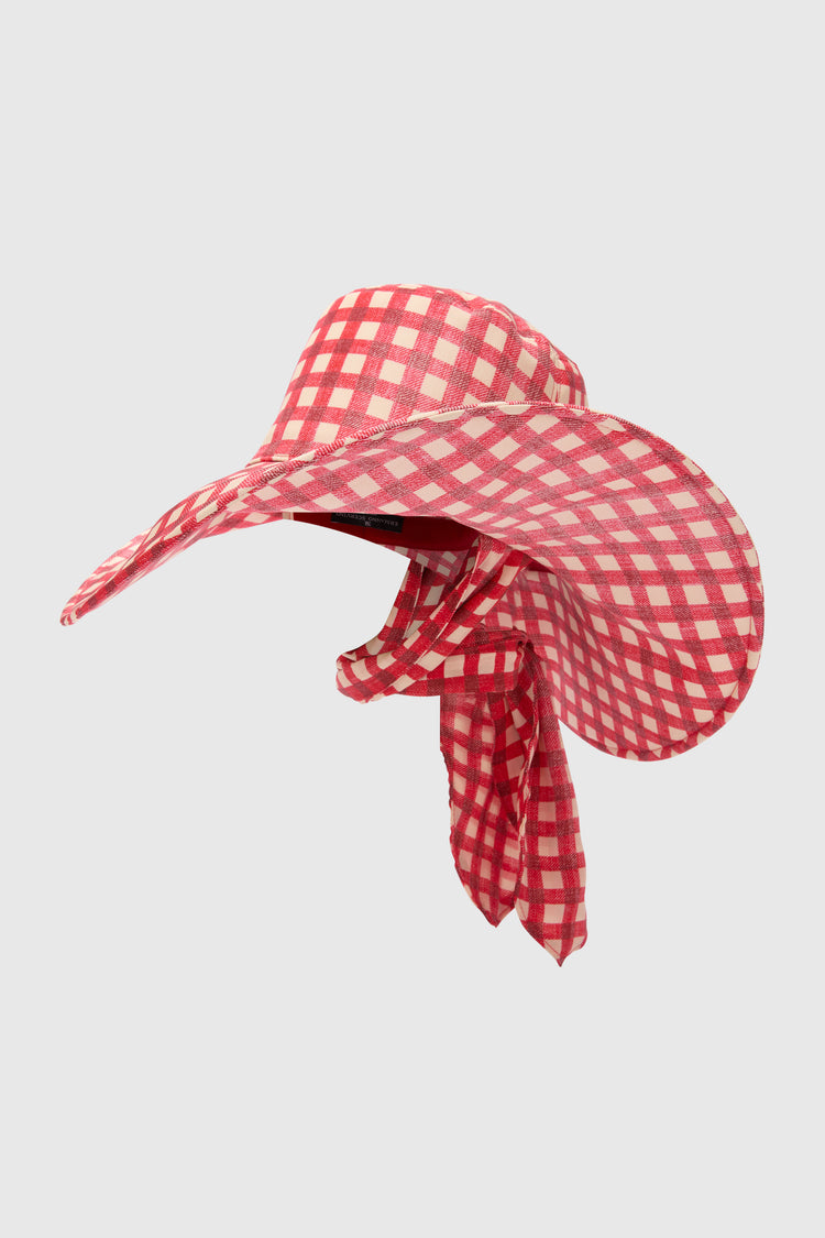 Wide-Brim Hat with Crepe de Chine Silk Scarf Bow in White and Red Vichy Print