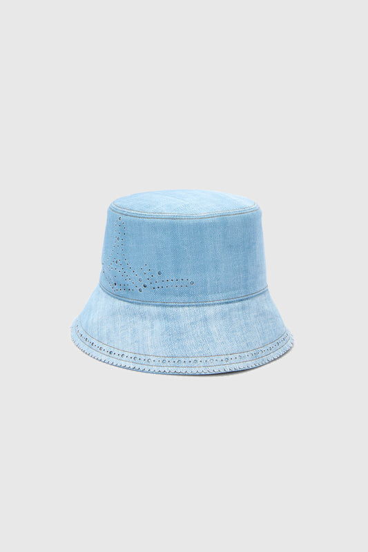 Cappello pescatore in tessuto marocain stampa jeans con broguing