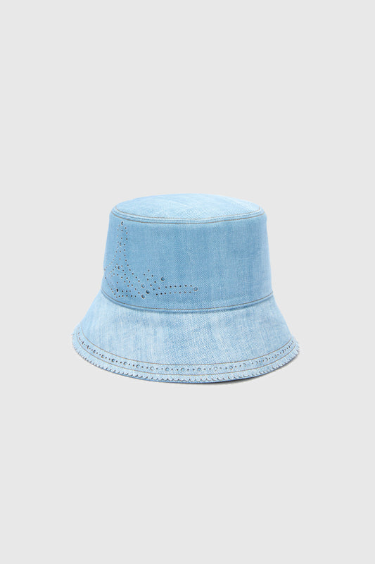 Bucket Hat in Marocain Fabric with Jeans Print and Broguing
